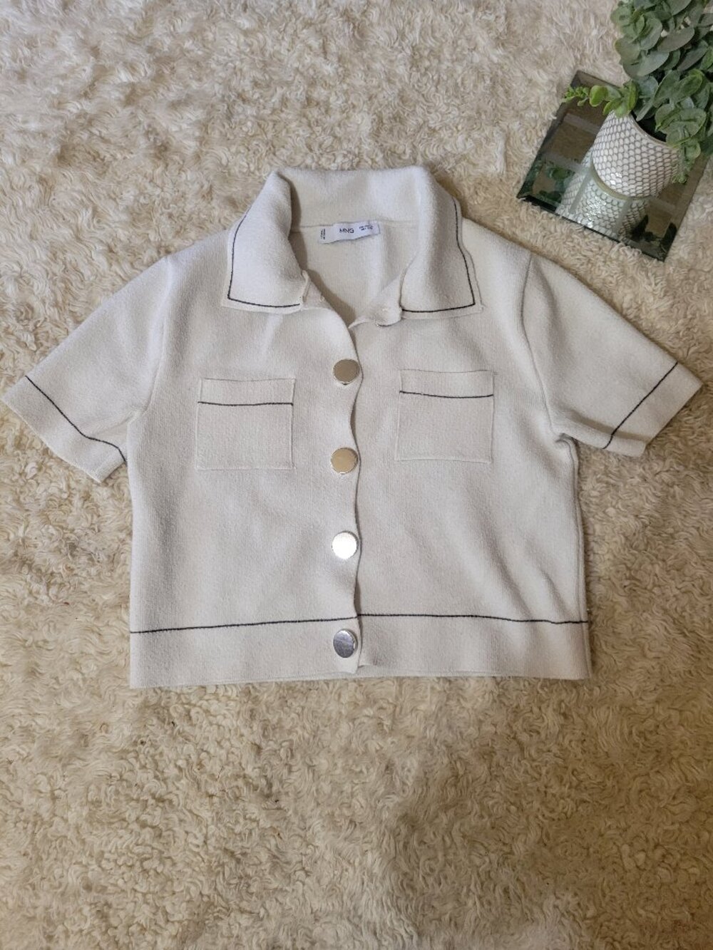MNG Ivory Tailored Button Up Top | Short Sleeve | Nordstrom | XS